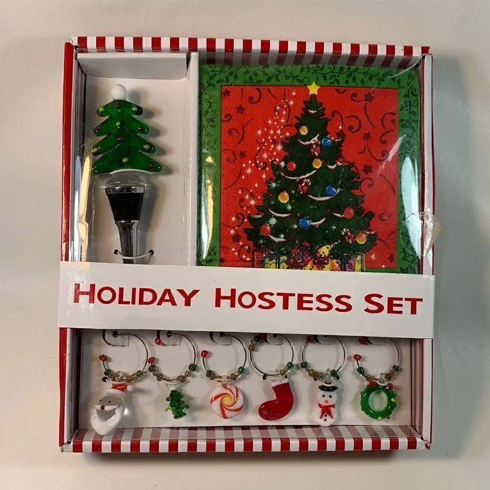 Glass Bottle Stopper 6 Wine Charms 16 Napkins New Holiday Hostess Set Home Bar